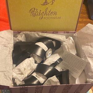 Brighton Black Leather Block-Heel Sandals with Crystal Accent